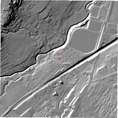 Shaded relief map of the ground around HG31JN, computed from Environment Agency LiDAR. The ground here sits at about 91 m above sea level and falls 43 m across the surrounding 800 m. Surface water reaching this point runs off ground lying to the east-south-east, 8.3 m higher.