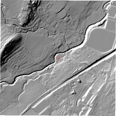 Shaded relief map of the ground around HG31JU, computed from Environment Agency LiDAR. The ground here sits at about 85 m above sea level and falls 35 m across the surrounding 800 m. Surface water reaching this point runs off ground lying to the west-north-west, 31.1 m higher.