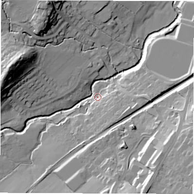 Shaded relief map of the ground around HG31JY, computed from Environment Agency LiDAR. The ground here sits at about 85 m above sea level and falls 36 m across the surrounding 800 m. Surface water reaching this point runs off ground lying to the south, 25.7 m higher.