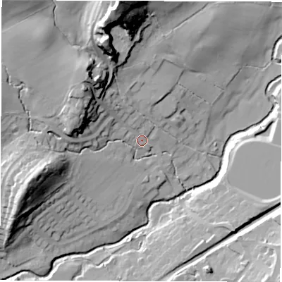 Shaded relief map of the ground around HG31JZ, computed from Environment Agency LiDAR. The ground here sits at about 87 m above sea level and falls 48 m across the surrounding 800 m. Surface water reaching this point runs off ground lying to the north-north-west, 37.4 m higher.