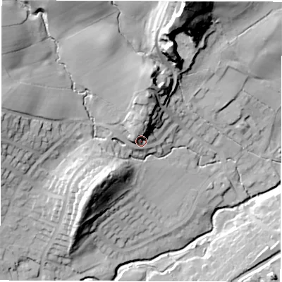 Shaded relief map of the ground around HG31LB, computed from Environment Agency LiDAR. The ground here sits at about 98 m above sea level and falls 45 m across the surrounding 800 m. Surface water reaching this point runs off ground lying to the north, 11.5 m higher.