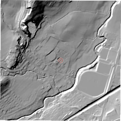 Shaded relief map of the ground around HG31LH, computed from Environment Agency LiDAR. The ground here sits at about 85 m above sea level and falls 50 m across the surrounding 800 m. Surface water reaching this point runs off ground lying to the north-west, 5.2 m higher.