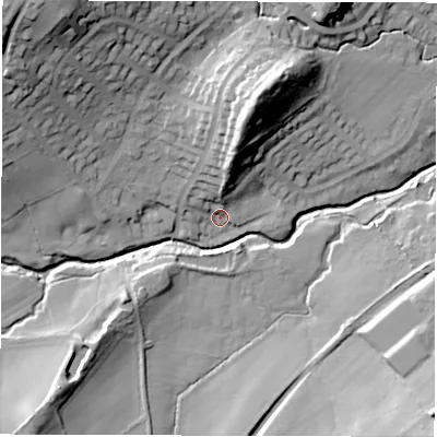 Shaded relief map of the ground around HG31LZ, computed from Environment Agency LiDAR. The ground here sits at about 89 m above sea level and falls 40 m across the surrounding 800 m. Surface water reaching this point runs off ground lying to the north-north-east, 19.6 m higher.