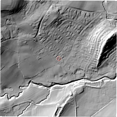 Shaded relief map of the ground around HG31PB, computed from Environment Agency LiDAR. The ground here sits at about 98 m above sea level and falls 62 m across the surrounding 800 m. Surface water reaching this point runs off ground lying to the north-west, 49.8 m higher.
