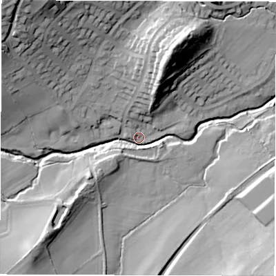 Shaded relief map of the ground around HG31PD, computed from Environment Agency LiDAR. The ground here sits at about 89 m above sea level and falls 40 m across the surrounding 800 m. Surface water reaching this point runs off ground lying to the north-west, 36.6 m higher.