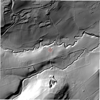 Shaded relief map of the ground around HG31PG, computed from Environment Agency LiDAR. The ground here sits at about 103 m above sea level and falls 62 m across the surrounding 800 m. Surface water reaching this point runs off ground lying to the west-south-west, 8.9 m higher.