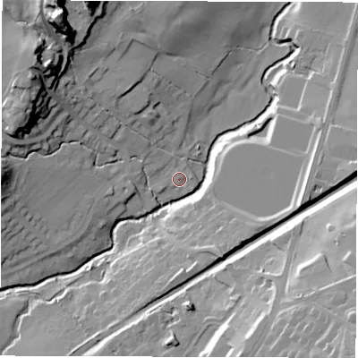 Shaded relief map of the ground around HG31RS, computed from Environment Agency LiDAR. The ground here sits at about 84 m above sea level and falls 40 m across the surrounding 800 m. Surface water reaching this point runs off ground lying to the north-west, 33.1 m higher.