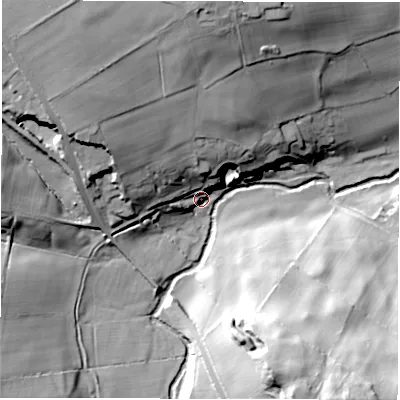 Shaded relief map of the ground around HG32AE, computed from Environment Agency LiDAR. The ground here sits at about 62 m above sea level and falls 43 m across the surrounding 800 m. Surface water reaching this point runs off ground lying to the north-north-west, 36.4 m higher.
