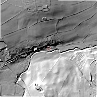 Shaded relief map of the ground around HG32AQ, computed from Environment Agency LiDAR. The ground here sits at about 58 m above sea level and falls 41 m across the surrounding 800 m. Surface water reaching this point runs off ground lying to the north-west, 24.6 m higher.
