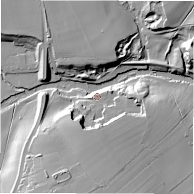 Shaded relief map of the ground around HG32BA, computed from Environment Agency LiDAR. The ground here sits at about 64 m above sea level and falls 31 m across the surrounding 800 m. Surface water reaching this point runs off ground lying to the south, 16.1 m higher.