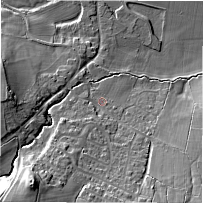 Shaded relief map of the ground around HG32EJ, computed from Environment Agency LiDAR. The ground here sits at about 69 m above sea level and falls 38 m across the surrounding 800 m. Surface water reaching this point runs off ground lying to the south-south-west, 22.8 m higher.