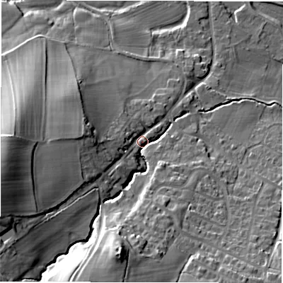 Shaded relief map of the ground around HG32EP, computed from Environment Agency LiDAR. The ground here sits at about 72 m above sea level and falls 39 m across the surrounding 800 m. Surface water reaching this point runs off ground lying to the south-south-west, 29.3 m higher.