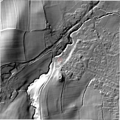 Shaded relief map of the ground around HG32ER, computed from Environment Agency LiDAR. The ground here sits at about 79 m above sea level and falls 46 m across the surrounding 800 m. Surface water reaching this point runs off ground lying to the south, 14.6 m higher.