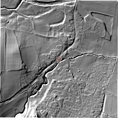 Shaded relief map of the ground around HG32EY, computed from Environment Agency LiDAR. The ground here sits at about 69 m above sea level and falls 36 m across the surrounding 800 m. Surface water reaching this point runs off ground lying to the south-south-west, 26.2 m higher.