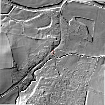 Shaded relief map of the ground around HG32EZ, computed from Environment Agency LiDAR. The ground here sits at about 69 m above sea level and falls 29 m across the surrounding 800 m. Surface water reaching this point runs off ground lying to the south-south-west, 21.0 m higher.