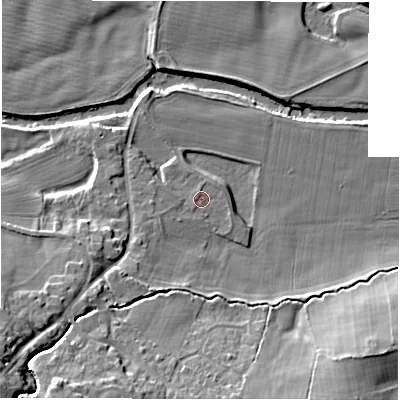 Shaded relief map of the ground around HG32FS, computed from Environment Agency LiDAR. The ground here sits at about 62 m above sea level and falls 19 m across the surrounding 800 m. Surface water reaching this point runs off ground lying to the west-south-west, 1.8 m higher.