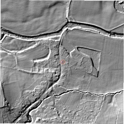 Shaded relief map of the ground around HG32HB, computed from Environment Agency LiDAR. The ground here sits at about 63 m above sea level and falls 25 m across the surrounding 800 m. Surface water reaching this point runs off ground lying to the south-west, 20.1 m higher.