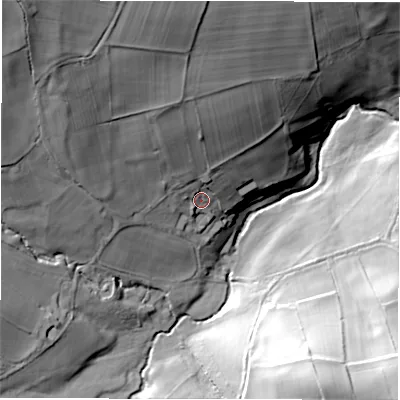 Shaded relief map of the ground around HG32JW, computed from Environment Agency LiDAR. The ground here sits at about 100 m above sea level and falls 61 m across the surrounding 800 m. Surface water reaching this point runs off ground lying to the north-north-west, 26.6 m higher.