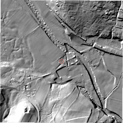Shaded relief map of the ground around HG32NN, computed from Environment Agency LiDAR. The ground here sits at about 67 m above sea level and falls 47 m across the surrounding 800 m. Surface water reaching this point runs off ground lying to the south-west, 41.6 m higher.