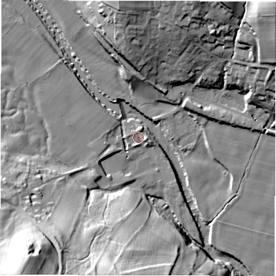 Shaded relief map of the ground around HG32NP, computed from Environment Agency LiDAR. The ground here sits at about 66 m above sea level and falls 47 m across the surrounding 800 m. Surface water reaching this point runs off ground lying to the east-south-east, 1.6 m higher.