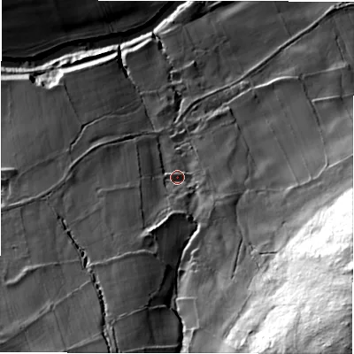 Shaded relief map of the ground around HG32PP, computed from Environment Agency LiDAR. The ground here sits at about 104 m above sea level and falls 132 m across the surrounding 800 m. Surface water reaching this point runs off ground lying to the south-south-east, 86.5 m higher.