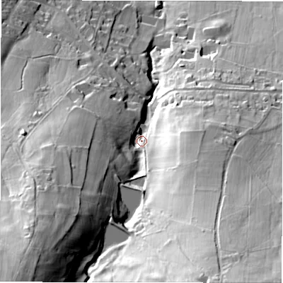 Shaded relief map of the ground around HG32PY, computed from Environment Agency LiDAR. The ground here sits at about 120 m above sea level and falls 89 m across the surrounding 800 m. Surface water reaching this point runs off ground lying to the south-west, 61.1 m higher.