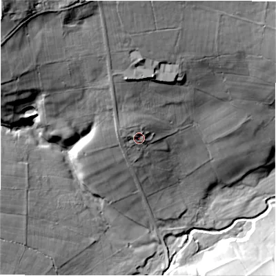 Shaded relief map of the ground around HG32QH, computed from Environment Agency LiDAR. The ground here sits at about 119 m above sea level and falls 69 m across the surrounding 800 m. Surface water reaching this point runs off ground lying to the north-west, 8.9 m higher.