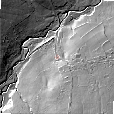 Shaded relief map of the ground around HG32QQ, computed from Environment Agency LiDAR. The ground here sits at about 114 m above sea level and falls 54 m across the surrounding 800 m. Surface water reaching this point runs off ground lying to the south-south-east, 31.3 m higher.