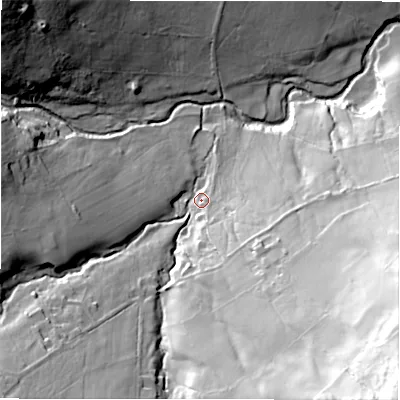 Shaded relief map of the ground around HG32QW, computed from Environment Agency LiDAR. The ground here sits at about 134 m above sea level and falls 86 m across the surrounding 800 m. Surface water reaching this point runs off ground lying to the south-south-east, 51.3 m higher.