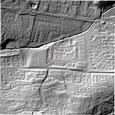 Shaded relief map of the ground around HG32TQ, computed from Environment Agency LiDAR. The ground here sits at about 83 m above sea level and falls 47 m across the surrounding 800 m. Surface water reaching this point runs off ground lying to the south-east, 6.2 m higher.