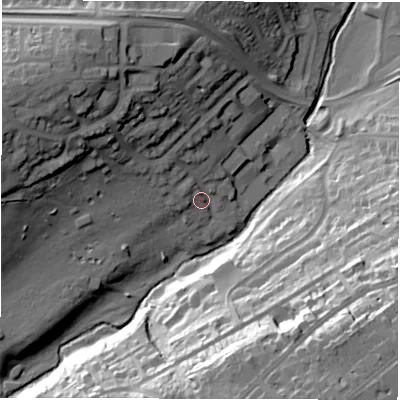 Shaded relief map of the ground around HG32XL, computed from Environment Agency LiDAR. The ground here sits at about 79 m above sea level and falls 50 m across the surrounding 800 m. Surface water reaching this point runs off ground lying to the west-north-west, 26.6 m higher.