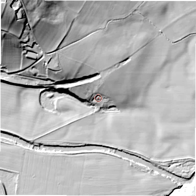Shaded relief map of the ground around HG33AA, computed from Environment Agency LiDAR. The ground here sits at about 63 m above sea level and falls 50 m across the surrounding 800 m. Surface water reaching this point runs off ground lying to the north-north-west, 7.1 m higher.