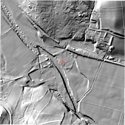 Shaded relief map of the ground around HG33AF, computed from Environment Agency LiDAR. The ground here sits at about 66 m above sea level and falls 54 m across the surrounding 800 m. Surface water reaching this point runs off ground lying to the north-west, 1.3 m higher.