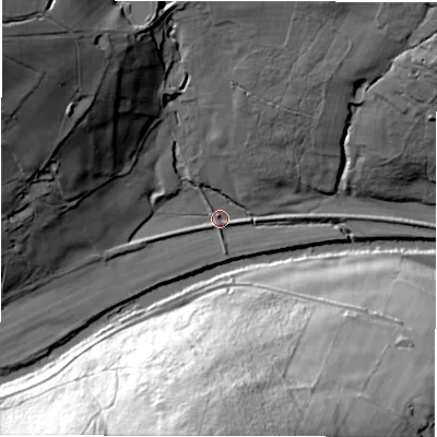 Shaded relief map of the ground around HG33AS, computed from Environment Agency LiDAR. The ground here sits at about 70 m above sea level and falls 68 m across the surrounding 800 m. Surface water reaching this point runs off ground lying to the north-west, 46.7 m higher.