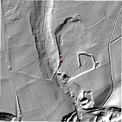 Shaded relief map of the ground around HG33AU, computed from Environment Agency LiDAR. The ground here sits at about 68 m above sea level and falls 22 m across the surrounding 800 m. Surface water reaching this point runs off ground lying to the north-north-east, 6.8 m higher.