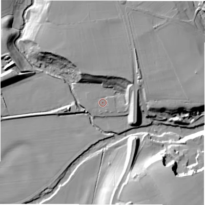 Shaded relief map of the ground around HG33BA, computed from Environment Agency LiDAR. The ground here sits at about 58 m above sea level and falls 27 m across the surrounding 800 m. Surface water reaching this point runs off ground lying to the north, 13.0 m higher.