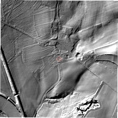 Shaded relief map of the ground around HG33BH, computed from Environment Agency LiDAR. The ground here sits at about 72 m above sea level and falls 28 m across the surrounding 800 m. Surface water reaching this point runs off ground lying to the east, 1.8 m higher.