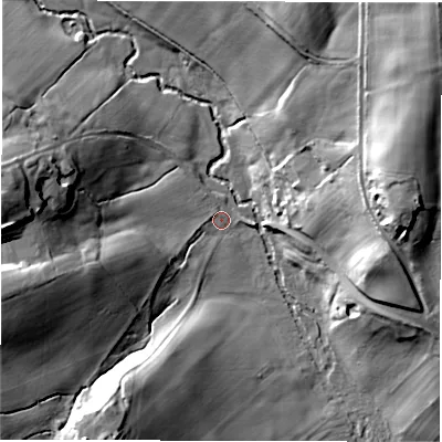 Shaded relief map of the ground around HG33EB, computed from Environment Agency LiDAR. The ground here sits at about 65 m above sea level and falls 48 m across the surrounding 800 m. Surface water reaching this point runs off ground lying to the west-south-west, 31.5 m higher.