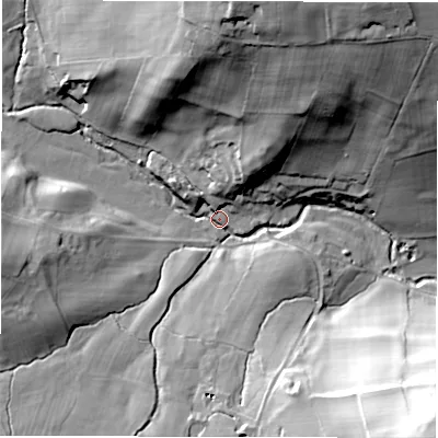Shaded relief map of the ground around HG33HJ, computed from Environment Agency LiDAR. The ground here sits at about 89 m above sea level and falls 52 m across the surrounding 800 m. Surface water reaching this point runs off ground lying to the north, 42.5 m higher.