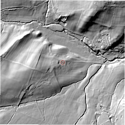Shaded relief map of the ground around HG33HP, computed from Environment Agency LiDAR. The ground here sits at about 103 m above sea level and falls 42 m across the surrounding 800 m. Surface water reaching this point runs off ground lying to the west-south-west, 15.5 m higher.