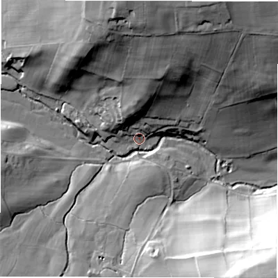 Shaded relief map of the ground around HG33HR, computed from Environment Agency LiDAR. The ground here sits at about 88 m above sea level and falls 54 m across the surrounding 800 m. Surface water reaching this point runs off ground lying to the north, 17.2 m higher.