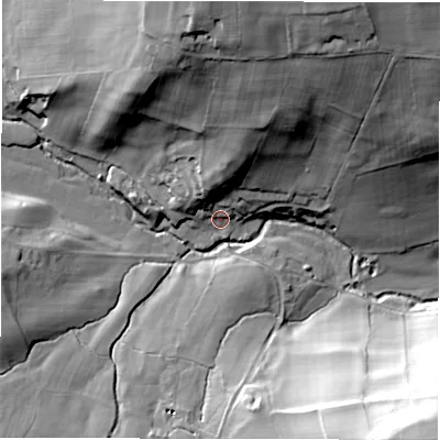 Shaded relief map of the ground around HG33HU, computed from Environment Agency LiDAR. The ground here sits at about 89 m above sea level and falls 53 m across the surrounding 800 m. Surface water reaching this point runs off ground lying to the north, 16.6 m higher.