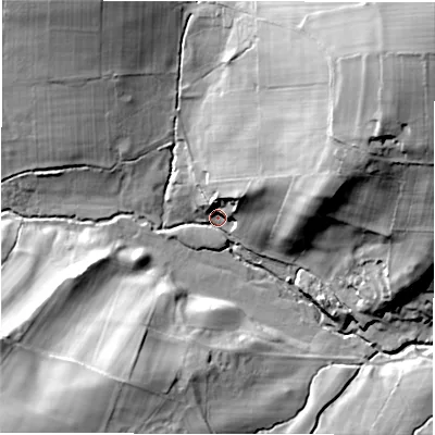 Shaded relief map of the ground around HG33HY, computed from Environment Agency LiDAR. The ground here sits at about 94 m above sea level and falls 54 m across the surrounding 800 m. Surface water reaching this point runs off ground lying to the north-east, 47.1 m higher.