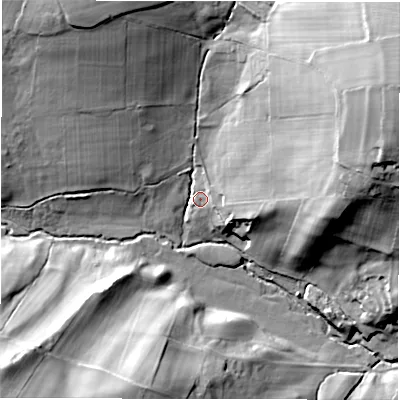 Shaded relief map of the ground around HG33HZ, computed from Environment Agency LiDAR. The ground here sits at about 98 m above sea level and falls 49 m across the surrounding 800 m. Surface water reaching this point runs off ground lying to the north-east, 40.0 m higher.