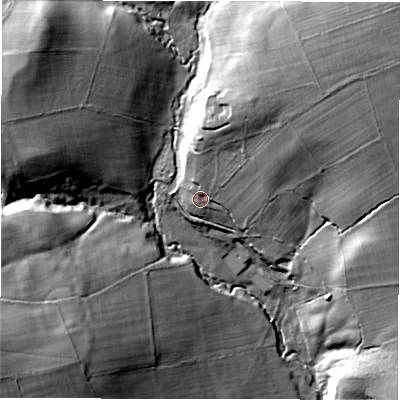 Shaded relief map of the ground around HG33JB, computed from Environment Agency LiDAR. The ground here sits at about 136 m above sea level and falls 39 m across the surrounding 800 m. Surface water reaching this point runs off ground lying to the north-east, 18.5 m higher.