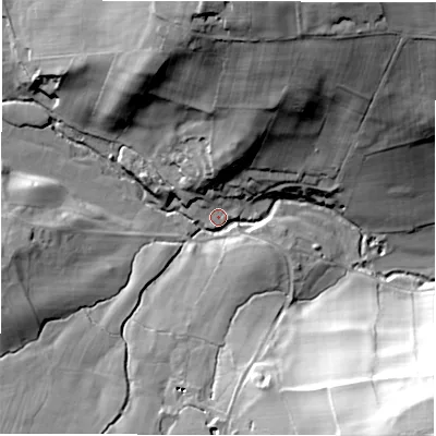Shaded relief map of the ground around HG33JF, computed from Environment Agency LiDAR. The ground here sits at about 89 m above sea level and falls 55 m across the surrounding 800 m. Surface water reaching this point runs off ground lying to the north, 43.0 m higher.