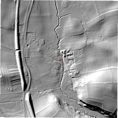 Shaded relief map of the ground around HG33NE, computed from Environment Agency LiDAR. The ground here sits at about 59 m above sea level and falls 27 m across the surrounding 800 m. Surface water reaching this point runs off ground lying to the east-south-east, 25.0 m higher.