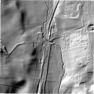 Shaded relief map of the ground around HG33NH, computed from Environment Agency LiDAR. The ground here sits at about 65 m above sea level and falls 28 m across the surrounding 800 m. Surface water reaching this point runs off ground lying to the west-north-west, 2.7 m higher.