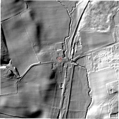 Shaded relief map of the ground around HG33NJ, computed from Environment Agency LiDAR. The ground here sits at about 67 m above sea level and falls 27 m across the surrounding 800 m. Surface water reaching this point runs off ground lying to the west, 8.9 m higher.