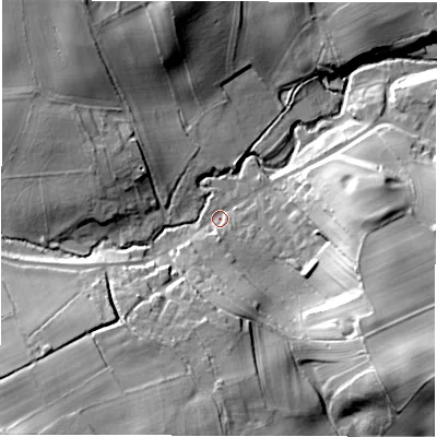Shaded relief map of the ground around HG33NR, computed from Environment Agency LiDAR. The ground here sits at about 81 m above sea level and falls 31 m across the surrounding 800 m. Surface water reaching this point runs off ground lying to the south, 7.7 m higher.